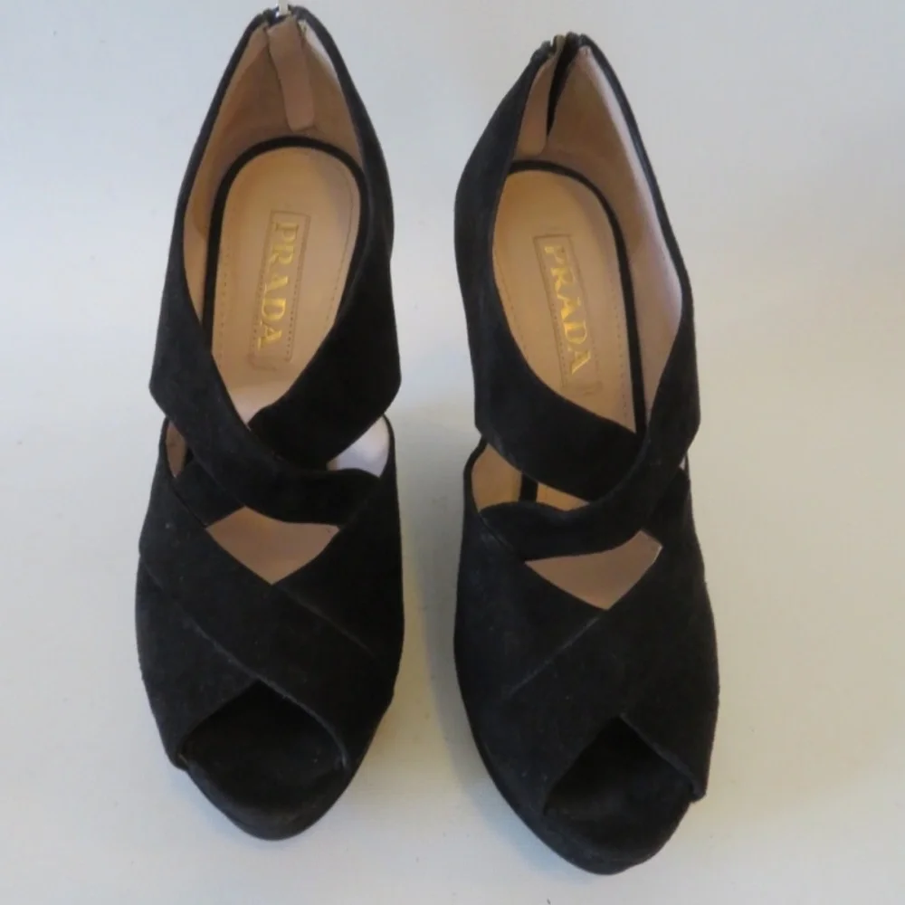 PRADA BLACK SUEDE OPEN TOE WEDGE SANDALS SIZE 37.5 - Picture 4 of 6